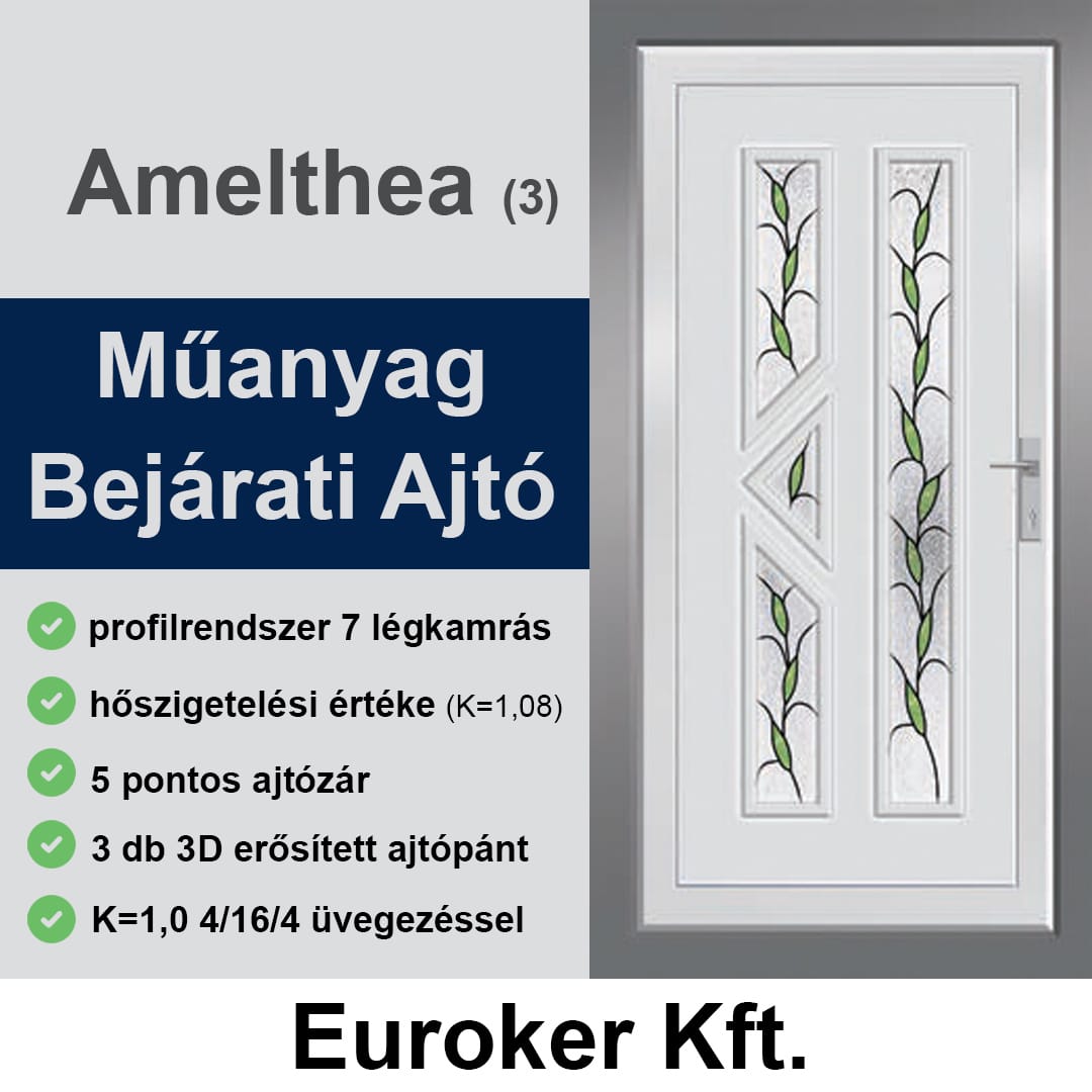 Műanyag Bejárati Ajtó, Díszpaneles, Amelthea /Tele üveges/  Bejárati ajtó 5 pontos zárral!